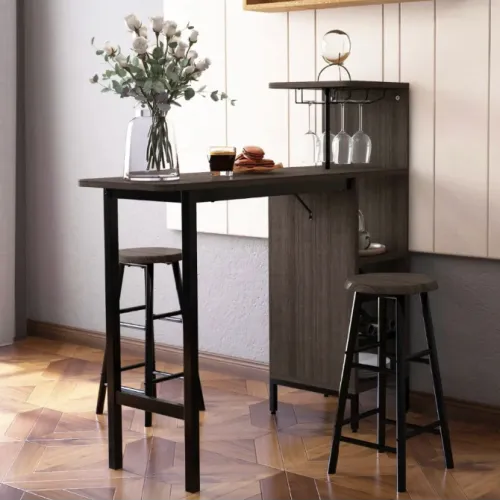 Барный стол со стульями Costway Bistro с держателем винных бокалов коричневый