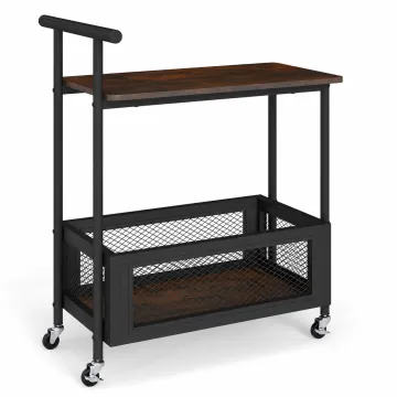 Сервировочный столик-тележка Costway BarCart Roll на колесах 2-ярусный коричневый