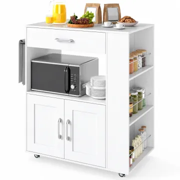 Кухонный остров Costway Microwave на колесах со шкафчиком и ящиком белый