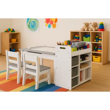 Детский набор Costway Fantastik 3 в 1: стол, 2 стулья, мольберт белый