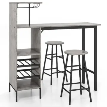 Барний стіл з стільцями Costway Bistro з тримачем винних келихів сірий