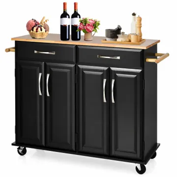 Кухонный остров Costway Chef Kitchen 2D на двойной колесах с деревянной столешницей черный
