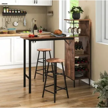 Барный стол со стульями Costway Bistro с держателем винных бокалов темно-коричневый