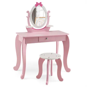 Дитячий туалетний столик Costway Princess з 1 шухлядою та стільцем рожевий