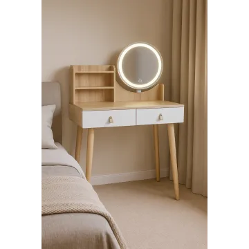 Туалетний столик Jumi Scandi LED підсвітка, з шухлядами, шкіряні ручки, світлий бук