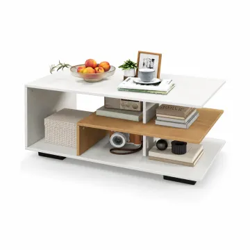 Журнальный столик Costway Modern Two-Tone кофейный с L-образной полкой трехуровневый белый, натуральный