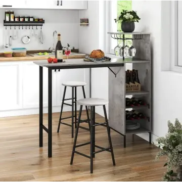 Барный стол со стульями Costway Bistro с держателем винных бокалов серый
