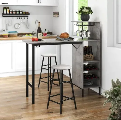 Барный стол со стульями Costway Bistro с держателем винных бокалов серый