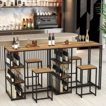 Комплект мебели Costway Brooklyn Counter 3-in-1 барный стол с полками и 2 стульями лофт коричневый